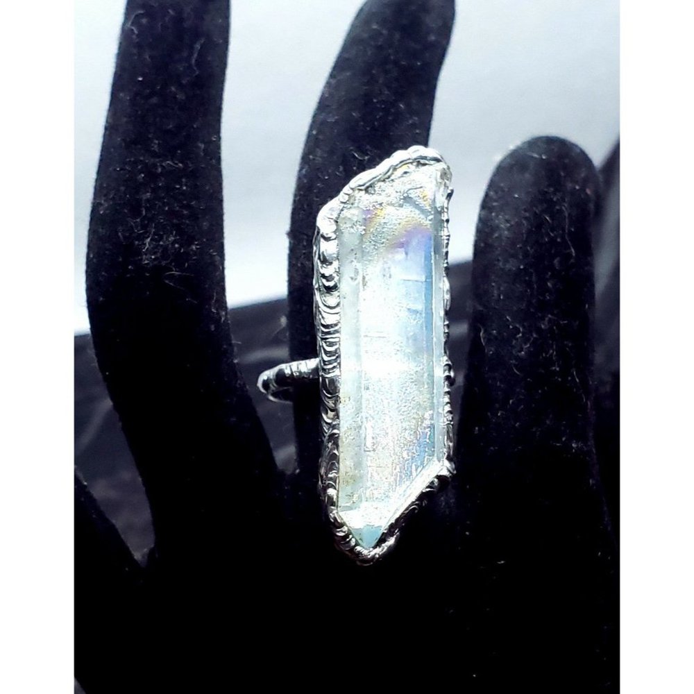 Blue Aura Quartz Crystal Statement Ring Goth Silv… - image 8